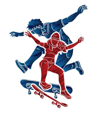 Kaykay Oynayan İnsanlar Grubu Ekstrem Spor Kaykaycısı Eylem Çizgi Filmi Grafik Vektörü