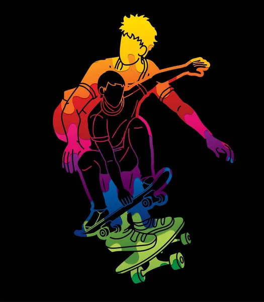 Groep Van Mensen Spelen Skateboard Extreme Sport Skateboarder Actie Tekenfilm — Stockvector