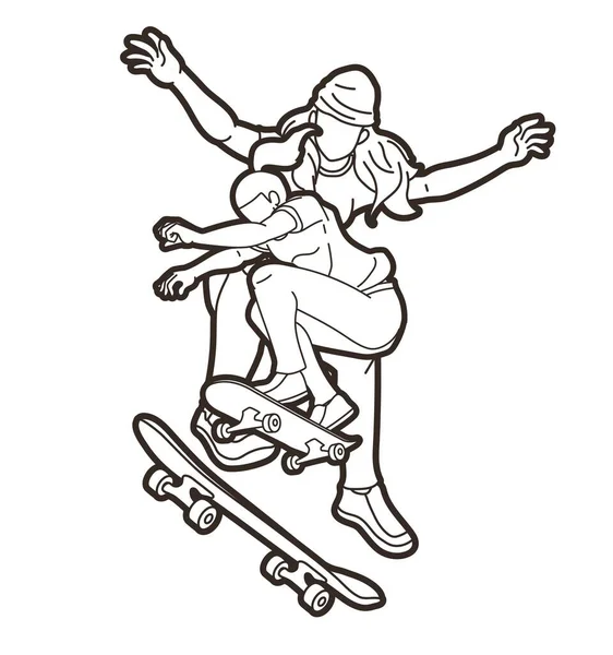 Group People Play Skateboard Extreme Sport Skatebodder Action Cartoon Graphic — 스톡 벡터