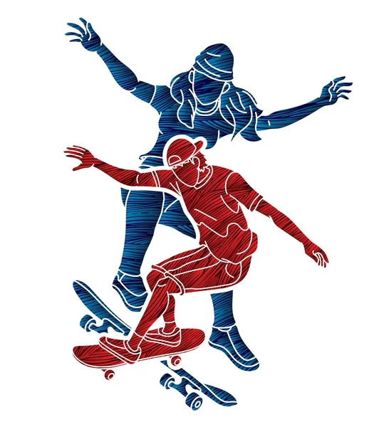 Groupe Personnes Jouer Skateboard Extreme Sport Skateboarder Action Cartoon Graphic — Image vectorielle