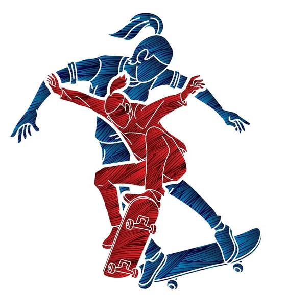 Kaykay Oynayan İnsanlar Grubu Ekstrem Spor Kaykaycısı Eylem Çizgi Filmi Grafik Vektörü