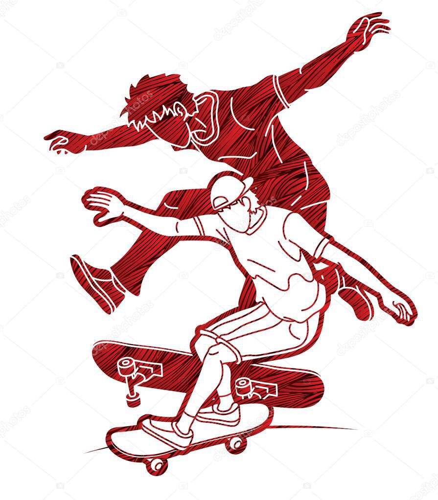 Group of People Play Skateboard Extreme Sport Skateboarder Action Cartoon Graphic Vector