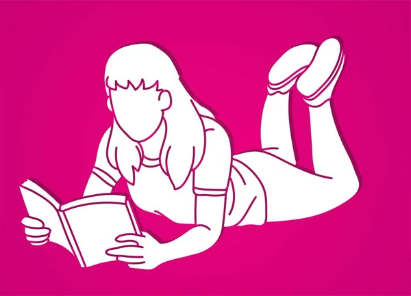 Female Reading Book Cartoon Silhouette Graphic Vector — Vettoriale Stock