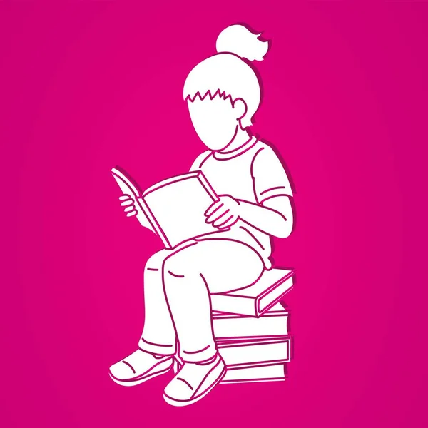 Little Girl Reading Book Sitting Books Cartoon Silhouette Graphic Vector — Stockový vektor