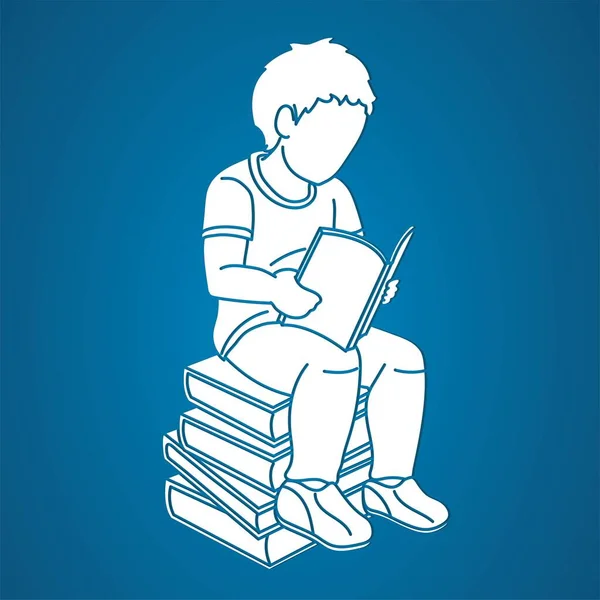 Pequeño Niño Leyendo Libro Sentado Libros Silueta Dibujos Animados Vector — Vector de stock