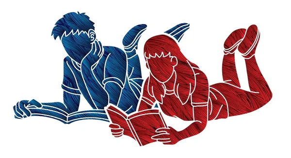 Man Woman Reading Books Together Cartoon Silhouette Graphic Vector — Vetor de Stock
