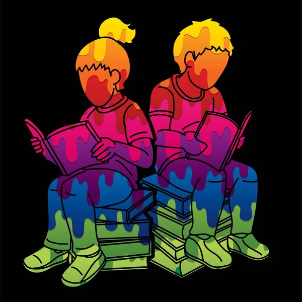 Children Reading Books Together Cartoon Silhouette Graphic Vector — Vetor de Stock