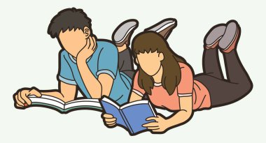 Group of Children Reading Books Together Cartoon Silhouette Graphic Vector