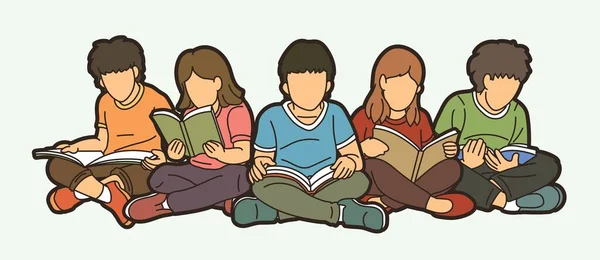 Group Children Reading Books Together Cartoon Silhouette Graphic Vector — 스톡 벡터