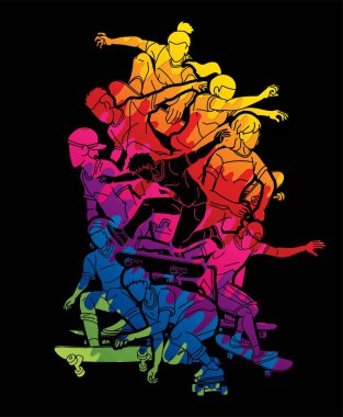 Kaykay Oyuncuları Grubu Ekstrem Spor Kaykaycısı Eylem Çizgi Filmi Grafik Vektörü