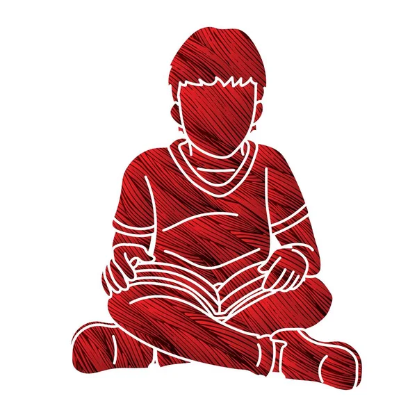 Petit Garçon Lisant Livre Les Enfants Étudient Vecteur Graphique Bande — Image vectorielle