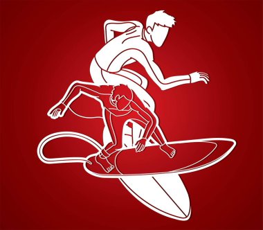 Sörfçü Eylemi Spor Oyuncuları Çizgi Filmi Grafik Vektörü