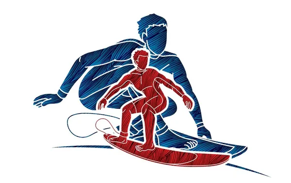 Surfer Action Surfing Sport Gracze Cartoon Graphic Vector — Wektor stockowy
