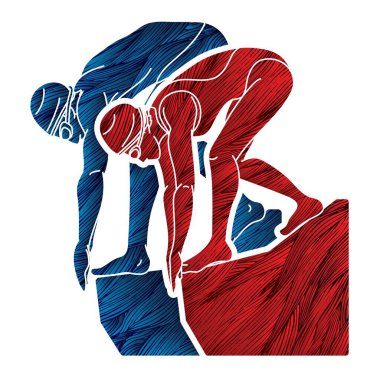 Birlikte Yüzen İnsanlar Grubu Yüzücü Eylem Çizgi Filmi Spor Grafik Vektörü