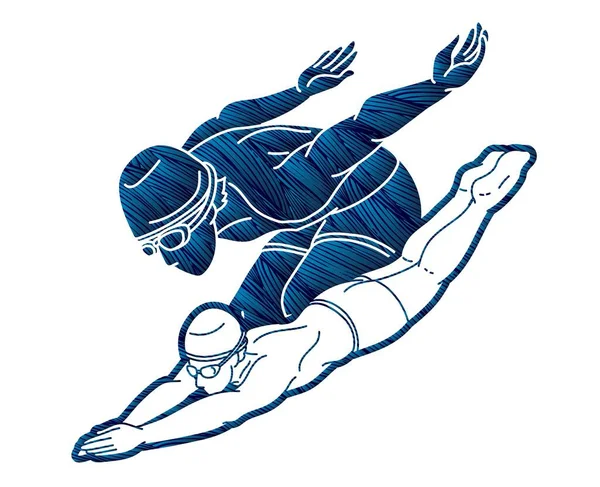 Grupa Ludzi Pływanie Razem Swimmer Action Cartoon Sport Graphic Vector — Wektor stockowy