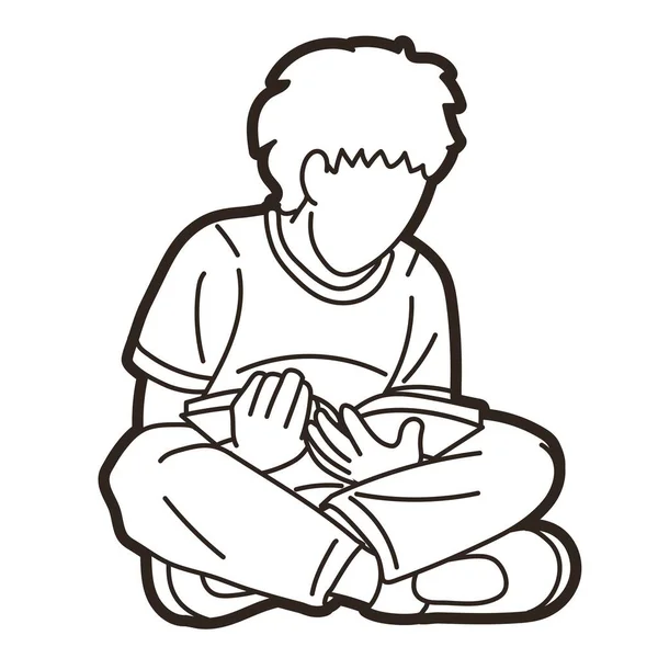Діти Вивчають Хлопчик Читає Книгу Мультфільм Графічний Вектор — стоковий вектор