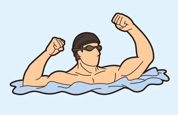 Bir Erkek Yüzme Sporu Yüzücü Eylem Çizgi Filmi Grafik Vektörü — Stok Vektör