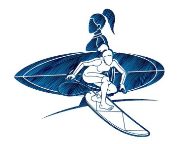 Sörfçü Kadın Sörf Grubu Spor Eylem Çizgi Filmi Grafik Vektörü