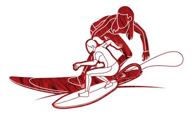 Sörfçü Kadın Sörf Grubu Spor Eylem Çizgi Filmi Grafik Vektörü