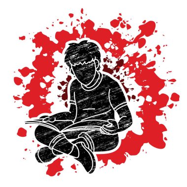 Oturan ve Kitap Okuyan Çocuk Çizgi Film Öğrenen Çizgi Roman Vektörü