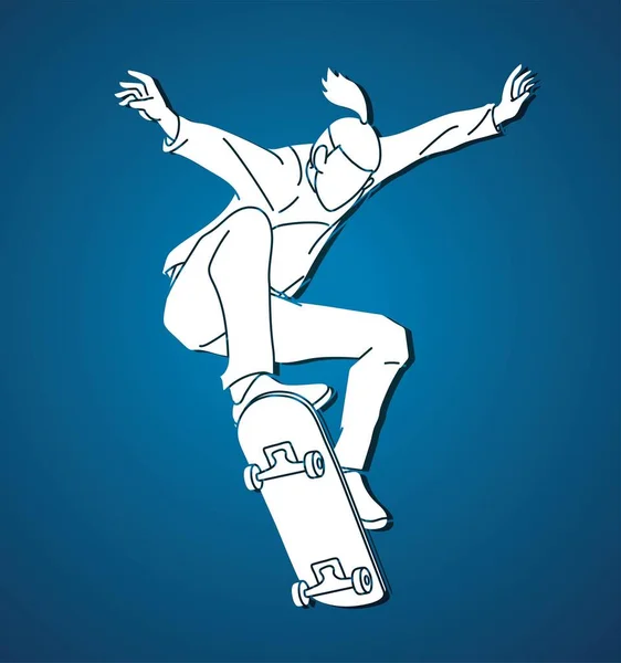 Человек Играющий Скейтборде Экстремальный Спортивный Скейтбордист Action Cartoon Graphic Vector — стоковый вектор