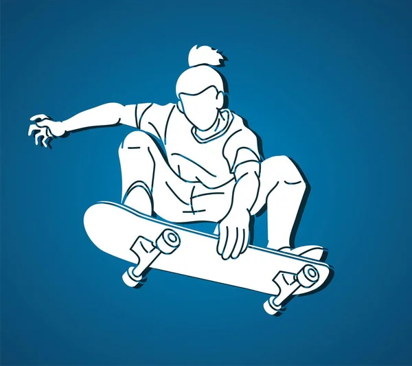 Человек Играющий Скейтборде Экстремальный Спортивный Скейтбордист Action Cartoon Graphic Vector — стоковый вектор