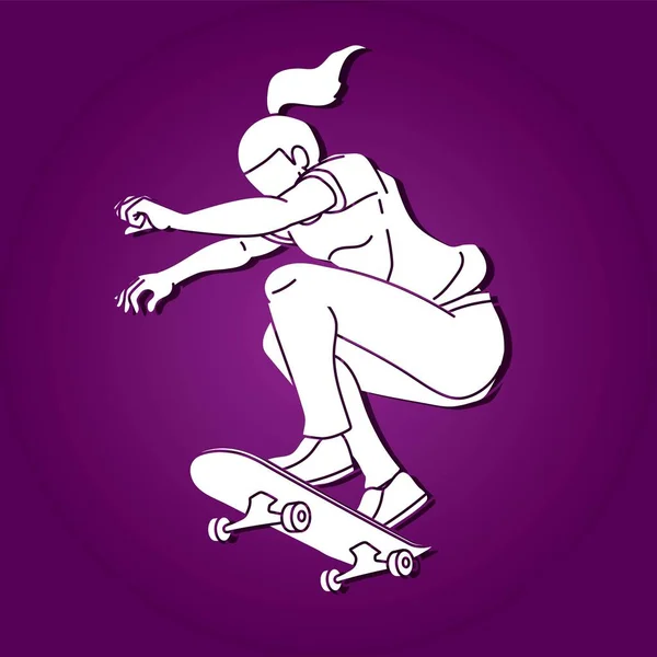 Een Vrouw Spelen Skateboard Extreme Sport Skateboarder Actie Cartoon Grafische — Stockvector
