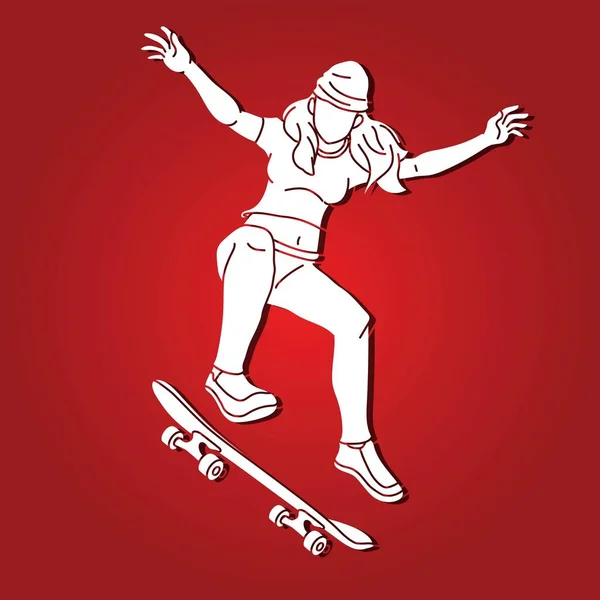Kvinna Spelar Skateboard Extreme Sport Skateboarder Action Cartoon Grafisk Vektor — Stock vektor