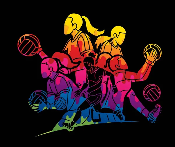 Grupo Fútbol Gaélico Mujeres Jugadoras Acción Dibujos Animados Vector Gráfico — Archivo Imágenes Vectoriales