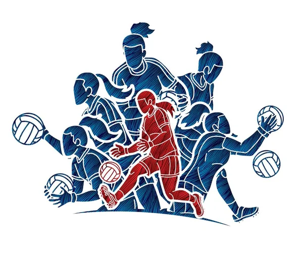 Groupe Football Gaélique Femmes Joueuses Action Cartoon Graphic Vector — Image vectorielle