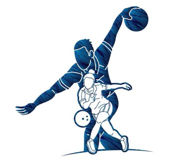 Bowling Spor Oyuncuları Erkek ve Kadın Eylem Çizgi Filmi Grafik Vektörü