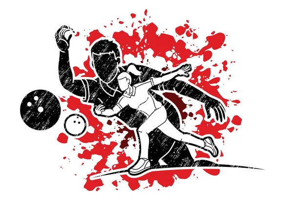 Bowling Sport Players Men Women Action Cartoon Graphic Vector — Stock Vector
