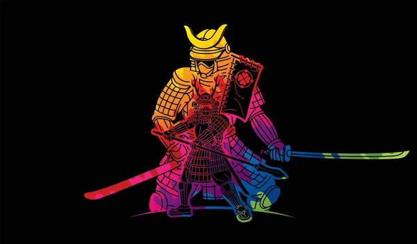 Samurai Warrior Δράση Γελοιογραφία Γραφικό Διάνυσμα — Διανυσματικό Αρχείο