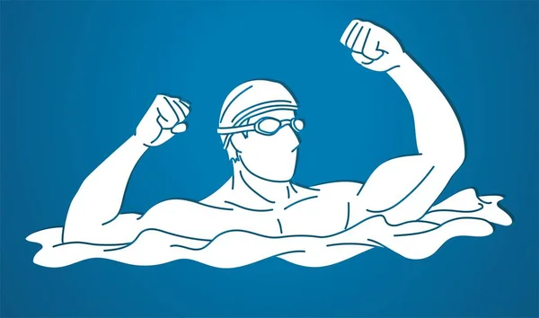 Yüzen Spor Erkek Yüzücü Eylem Çizgi Filmi Grafik Vektörü — Stok Vektör