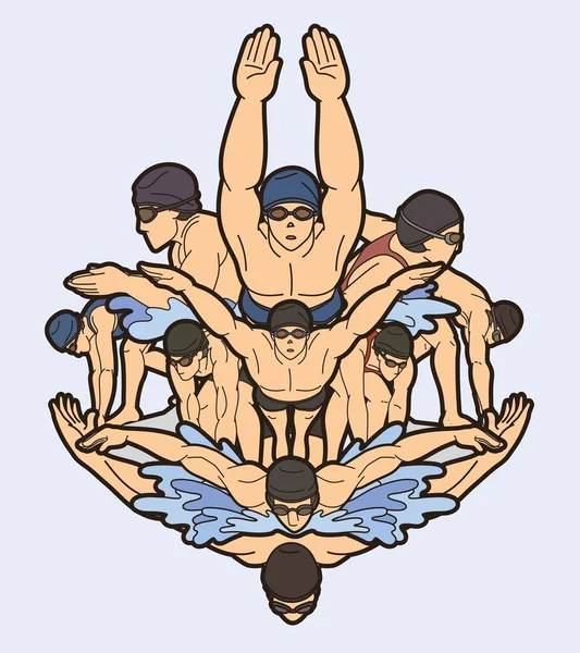 Grupa Osób Pływanie Działanie Swimmer Pose Mix Cartoon Sport Graphic — Wektor stockowy