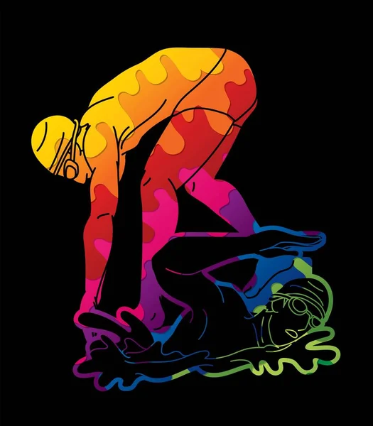 人々のグループ水泳アクションスイマーポーズミックス漫画スポーツグラフィックベクトル — ストックベクタ