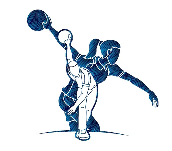 ボウリングスポーツ選手のグループ男性と女性アクション漫画グラフィックベクター — ストックベクタ