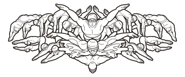 人々のグループ水泳アクションスイマー漫画スポーツグラフィックベクトル — ストックベクタ