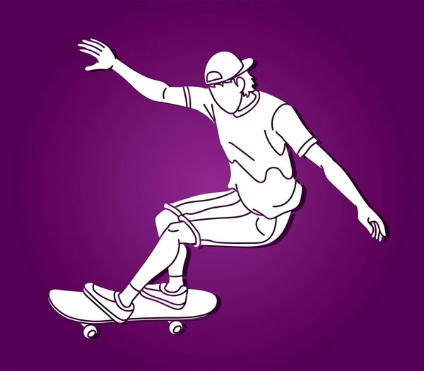 Man Playing Skateboard Extreme Sport Skateboarder Action Cartoon Graphic Vector - Stok Vektor