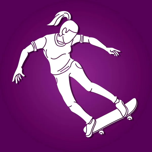 Kobieta Grająca Deskorolce Extreme Sport Skateboarder Action Cartoon Graphic Vector — Wektor stockowy