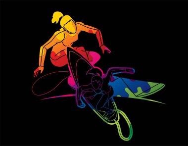 Sörfçü Eylemi Spor Oyuncuları Çizgi Filmi Grafik Vektörü