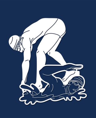 İnsanlar Yüzme Hareketi Çizgi Film Grafik Vektörü