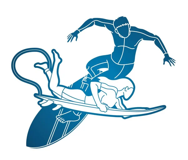 Groep Van Surfer Actie Mensen Surfen Sport Spelers Cartoon Grafische — Stockvector