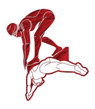 Birlikte Yüzen İnsanlar Grubu Spor Eylemi Çizgi Filmi Grafik Vektörü