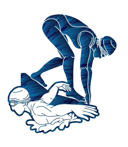 Birlikte Yüzen İnsanlar Grubu Spor Eylemi Çizgi Filmi Grafik Vektörü