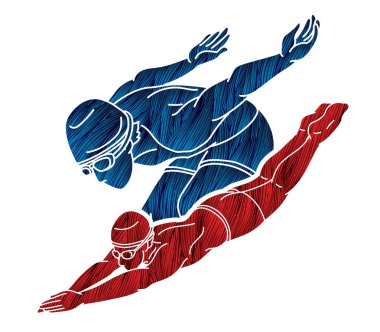 Birlikte Yüzen İnsanlar Grubu Yüzücü Eylem Çizgi Filmi Spor Grafik Vektörü