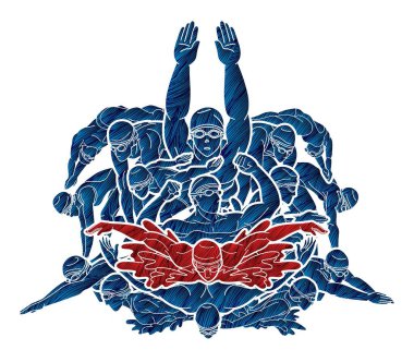 Birlikte Yüzen İnsanlar Grubu Yüzücü Eylem Çizgi Filmi Spor Grafik Vektörü