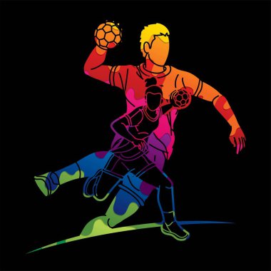 Hentbol Oyuncuları Grubu Erkek ve Kadın Çizgi Film Spor Eylemi Grafik Vektörü