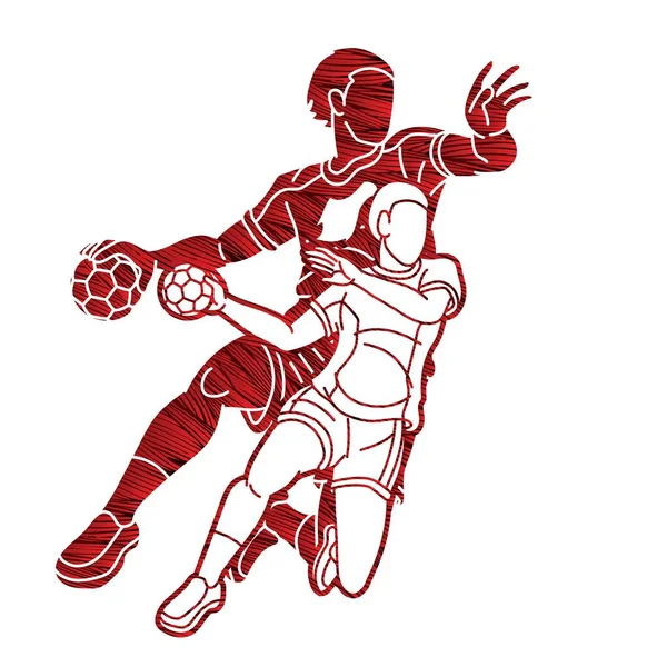 Groupe Joueurs Handball Homme Femme Cartoon Sport Action Graphic Vector — Image vectorielle