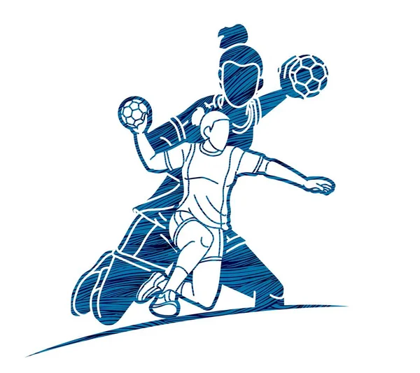 Grupo Balonmano Jugadoras Dibujos Animados Deporte Acción Vector Gráfico — Archivo Imágenes Vectoriales